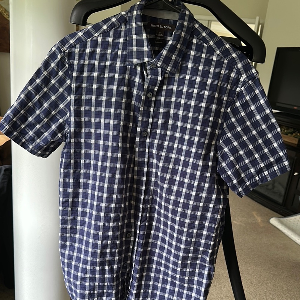 Michael Kors Blue and White Casual Button Down Shirt